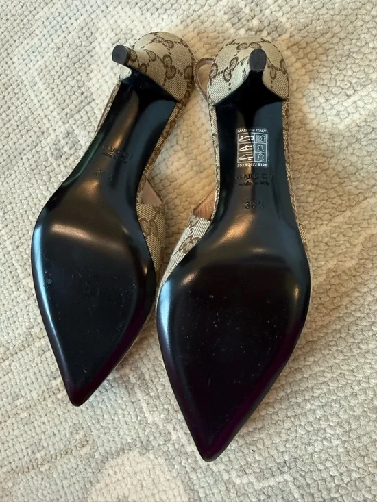 Gucci Brown GG Canvas Horsebit Slingback Heels - Picture 5 of 6